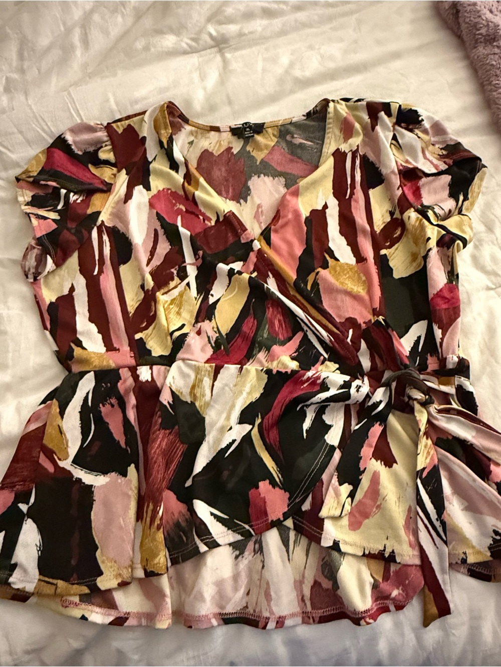 Women's Abstract Brushstroke Wrap Peplum Blouse in Multi-Color